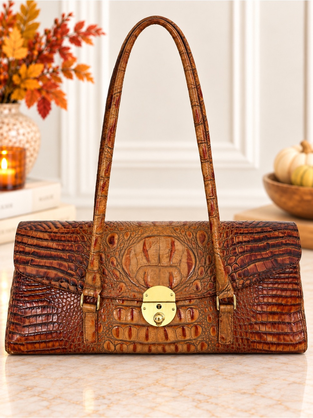 RARE Brahmin Brown Croc Embossed Leather Flap Shoulder Bag Gold Clasp